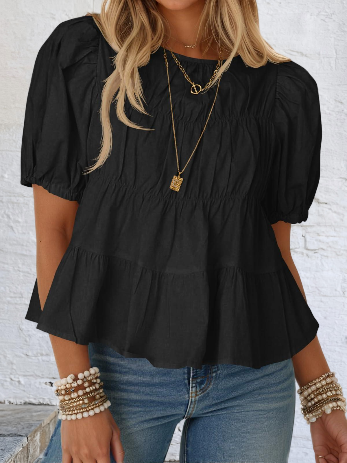 Imily Bela Womens Puff Sleeve Peplum Babydoll Tops Summer Flowy Pleated Cotton T-Shirts Casual Loose Fit Cute Blouse