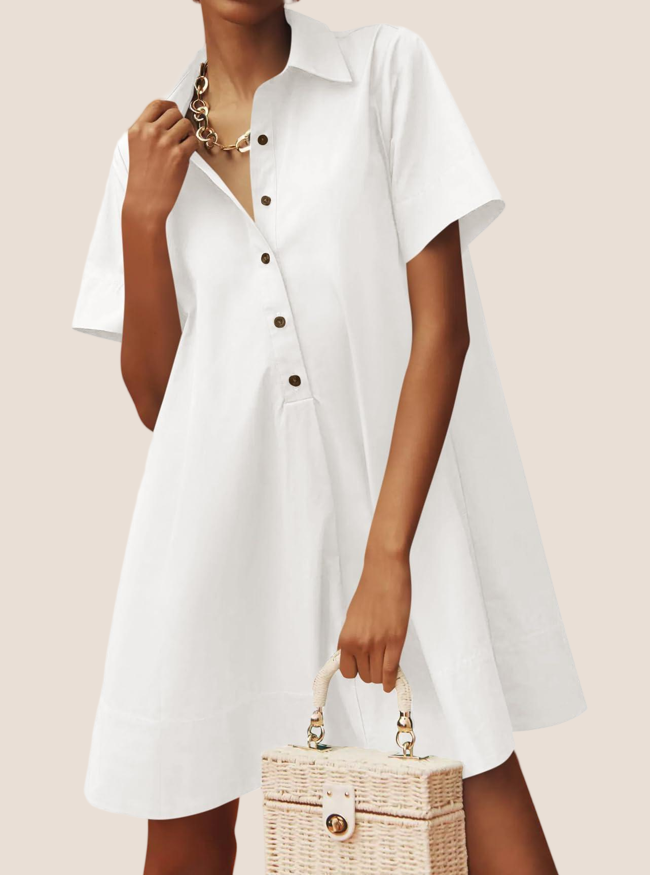 Imily Bela Womens Oversized Shirt Button Mini Dress Short Sleeve Casual Collared V Neck Summer Flowy Dresses