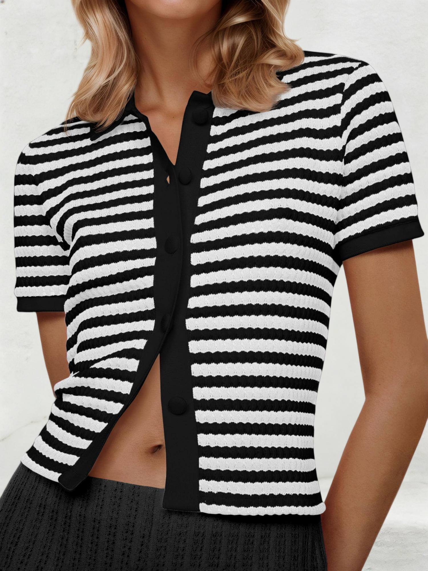 Imily Bela Womens Striped Short Sleeve Sweater Tops Polo Collared Button Crochet Summer Cropped Cardigan