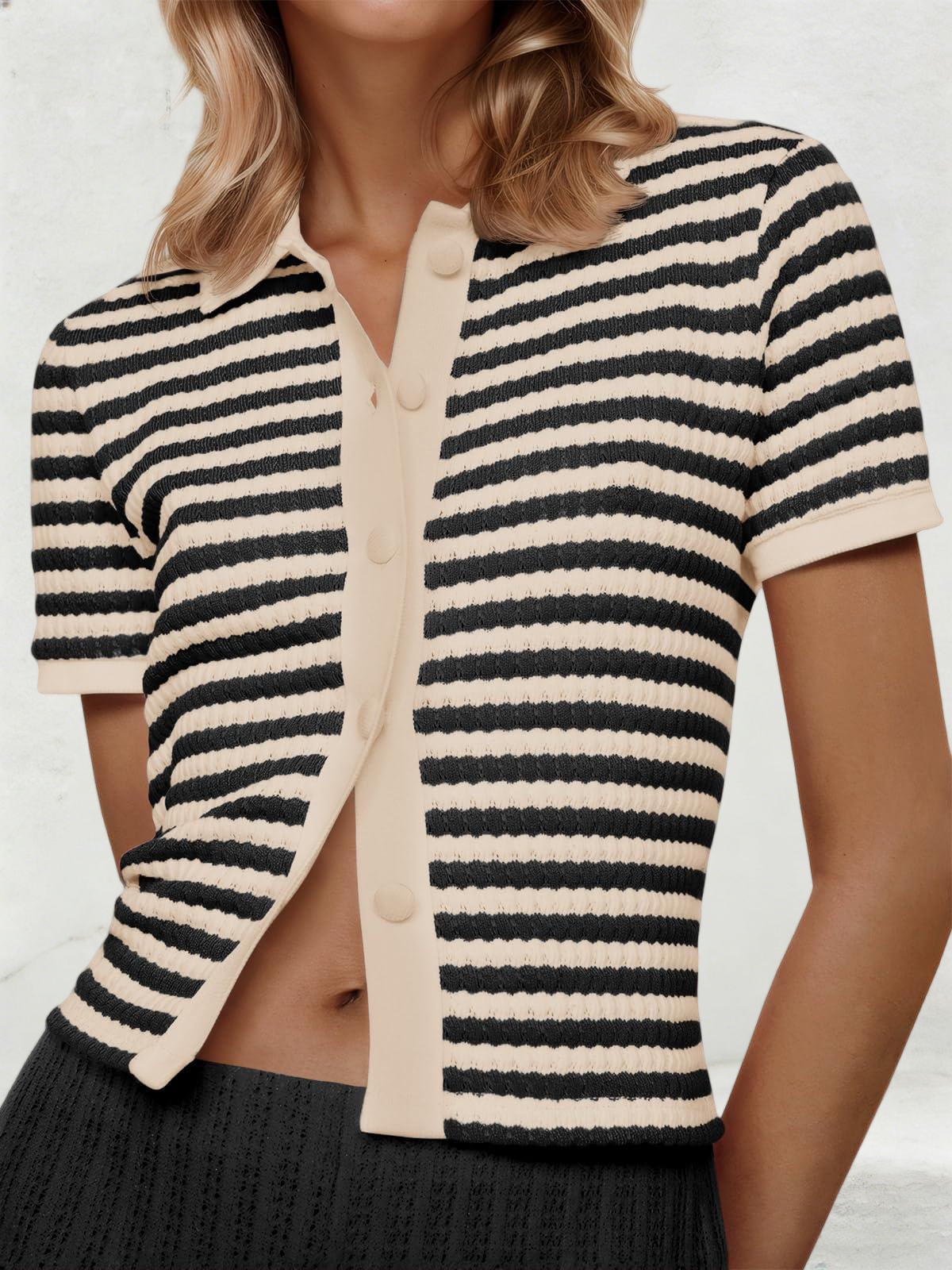 Imily Bela Womens Striped Short Sleeve Sweater Tops Polo Collared Button Crochet Summer Cropped Cardigan