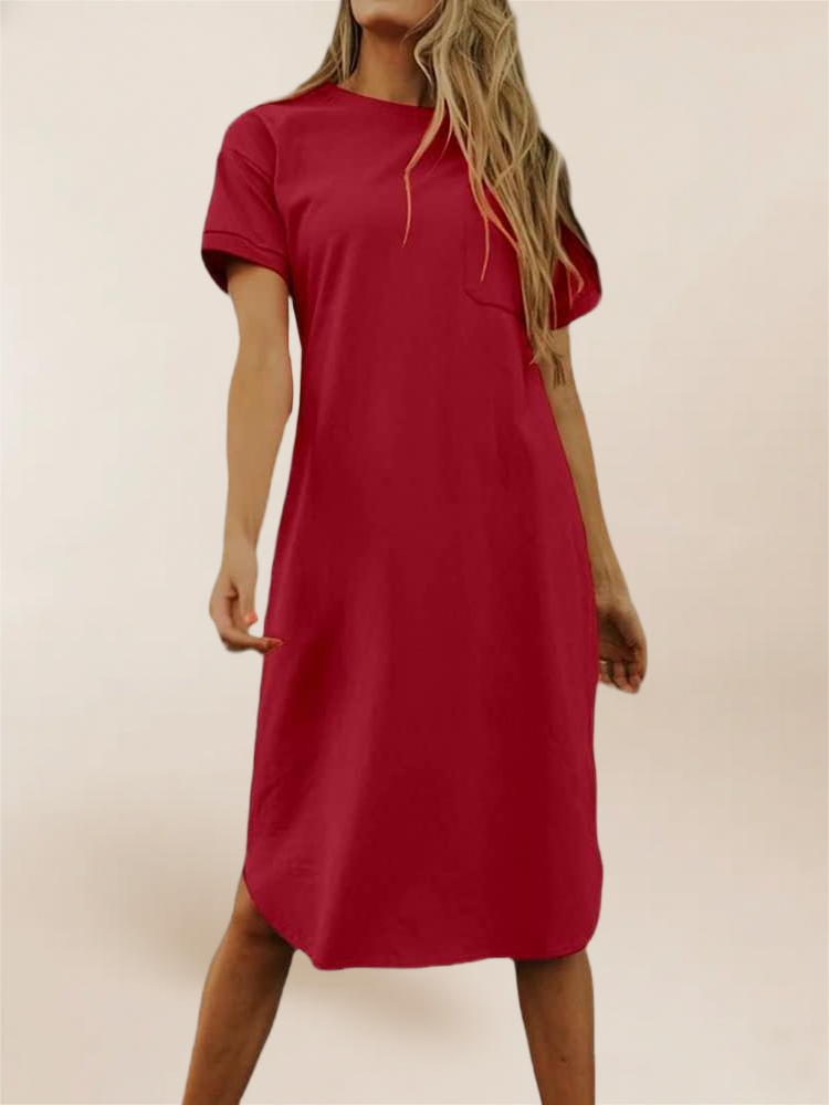 Imily Bela Summer Dress For Women Crew Neck Short Sleeve Solid Basic T-Shirts Casual Midi Dresses With Pocket