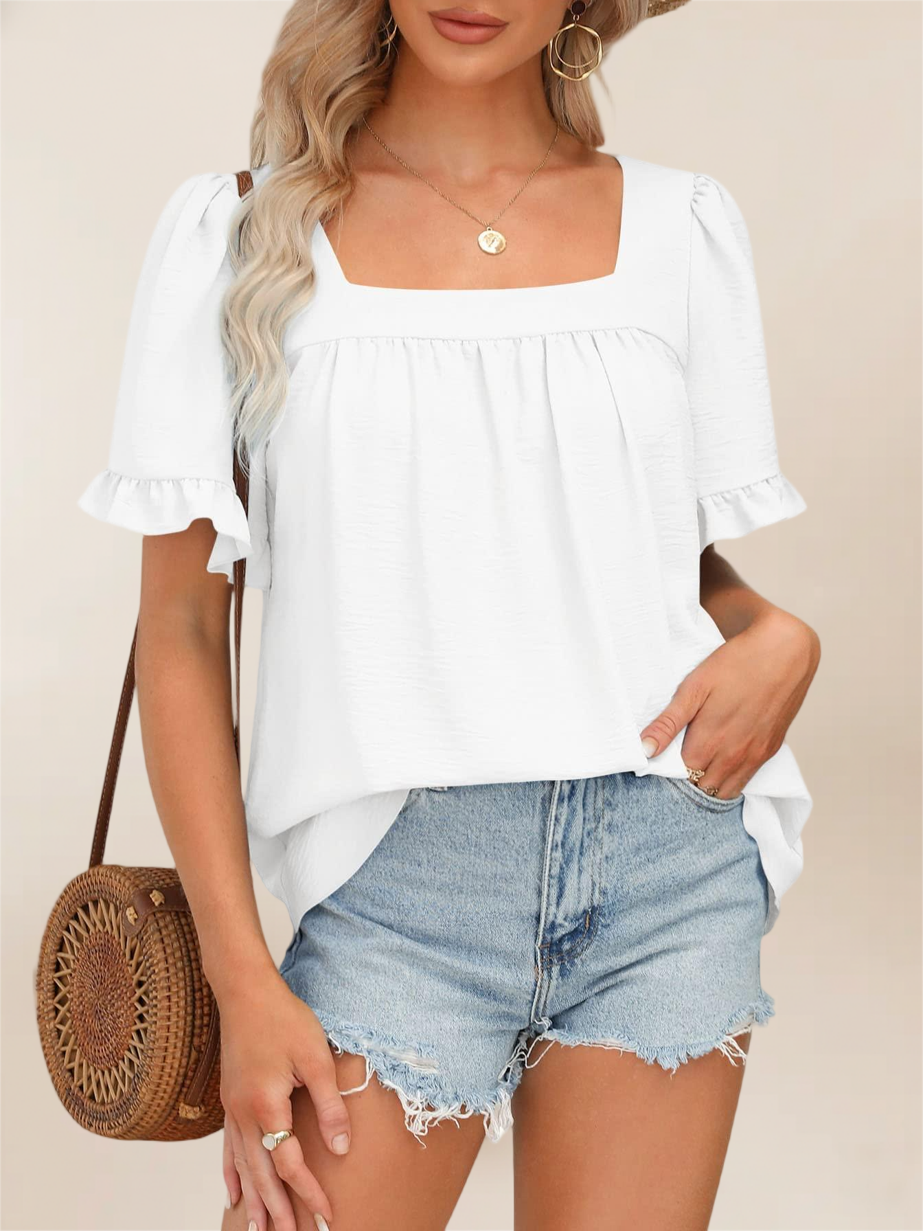 Imily Bela Womens Summer Peplum Tops Sqaure Neck Ruffle Sleeve Blouses Fit Flowy Shirts S-2Xl