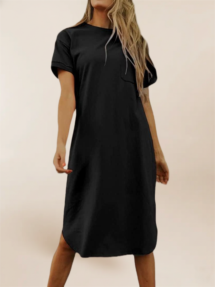Imily Bela Summer Dress For Women Crew Neck Short Sleeve Solid Basic T-Shirts Casual Midi Dresses With Pocket