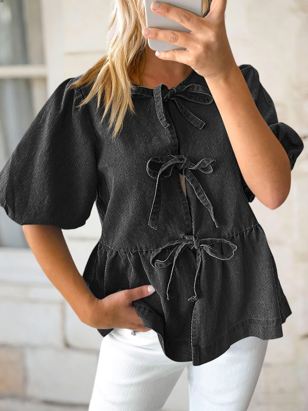 Imily Bela Womens Denim Tie Front Tops Babydoll Peplum Puff Sleeve Jean Shirts Crew Neck Summer Casual Bow Blouses