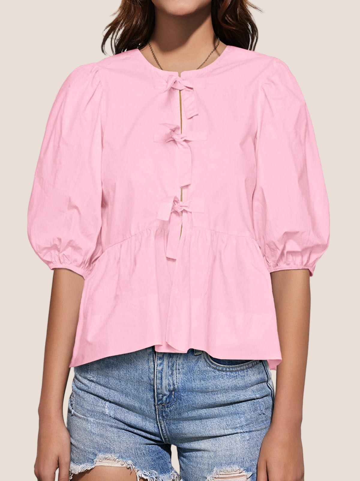 Imily Bela Womens Tie Front Tops Summer Peplum Babydoll Puff Short Sleeve Blouse Cute Cotton Shirts