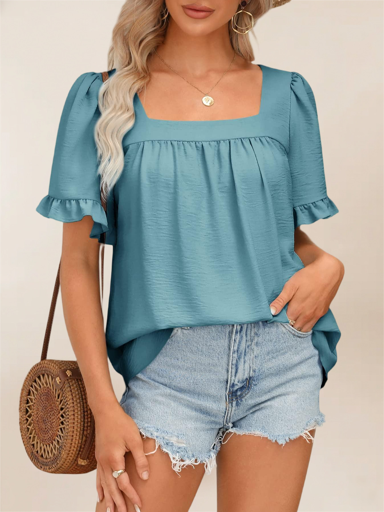 Imily Bela Womens Summer Peplum Tops Sqaure Neck Ruffle Sleeve Blouses Fit Flowy Shirts S-2Xl