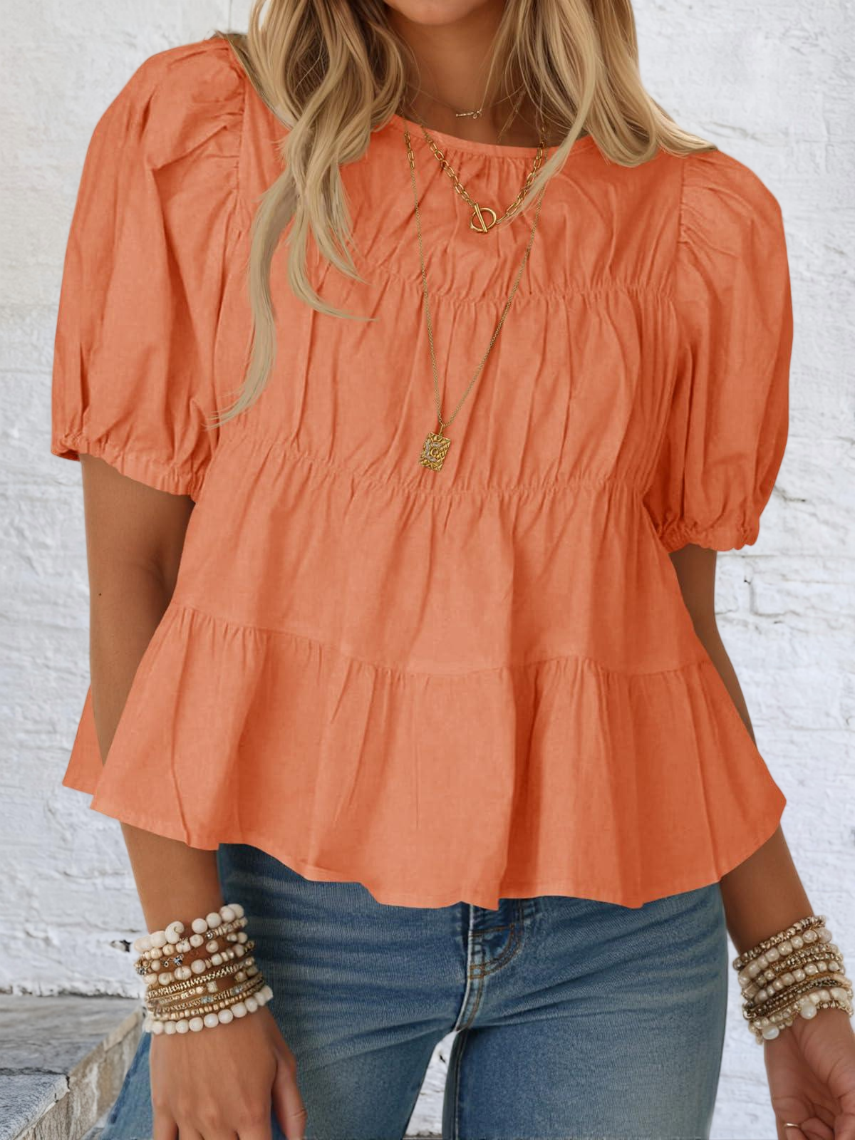 Imily Bela Womens Puff Sleeve Peplum Babydoll Tops Summer Flowy Pleated Cotton T-Shirts Casual Loose Fit Cute Blouse