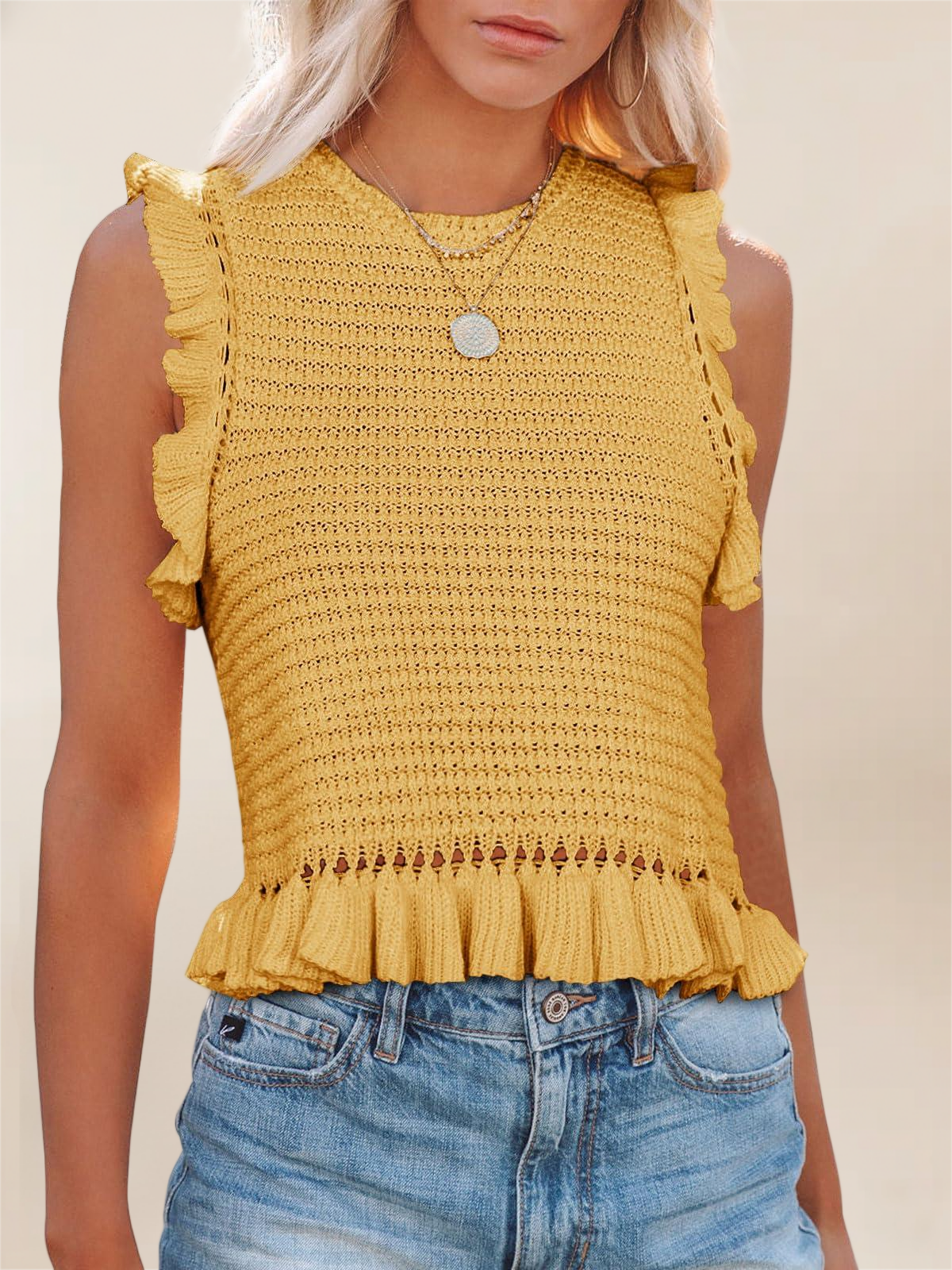 Imily Bela Women'S Summer Knit Tank Tops Crew Neck Sleeveless Cami Shirts Tees Ruffle Sweater Vest Black