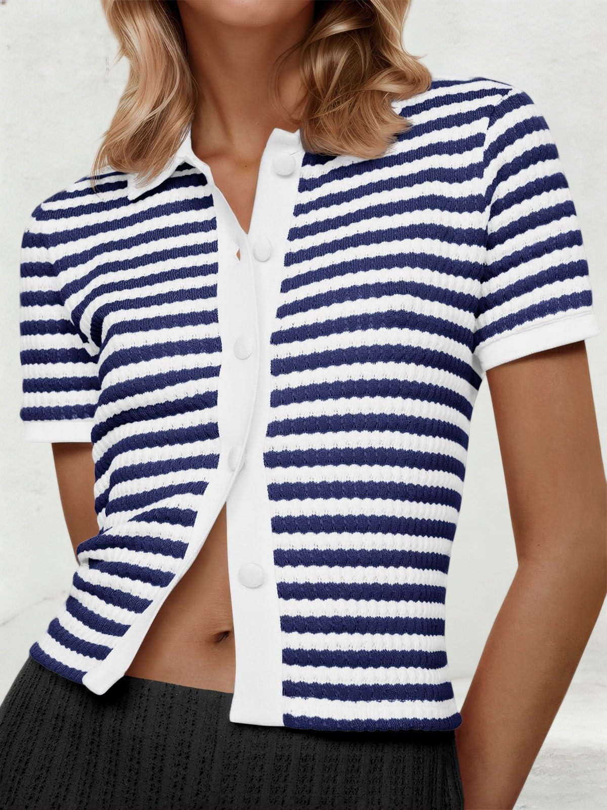 Imily Bela Womens Striped Short Sleeve Sweater Tops Polo Collared Button Crochet Summer Cropped Cardigan