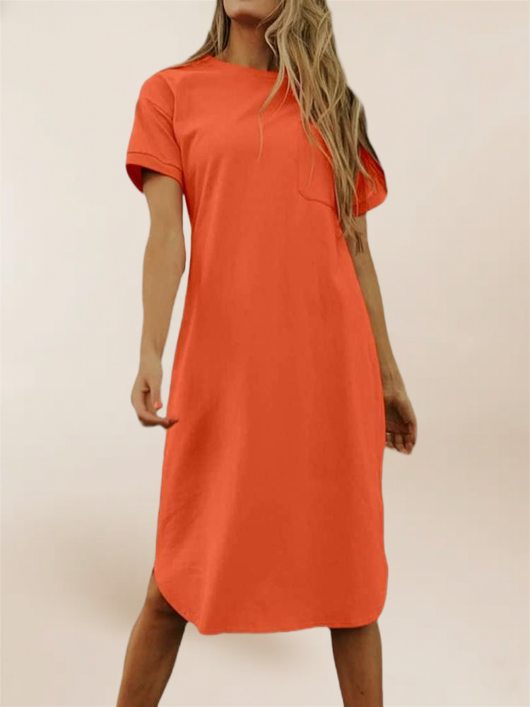 Imily Bela Summer Dress For Women Crew Neck Short Sleeve Solid Basic T-Shirts Casual Midi Dresses With Pocket