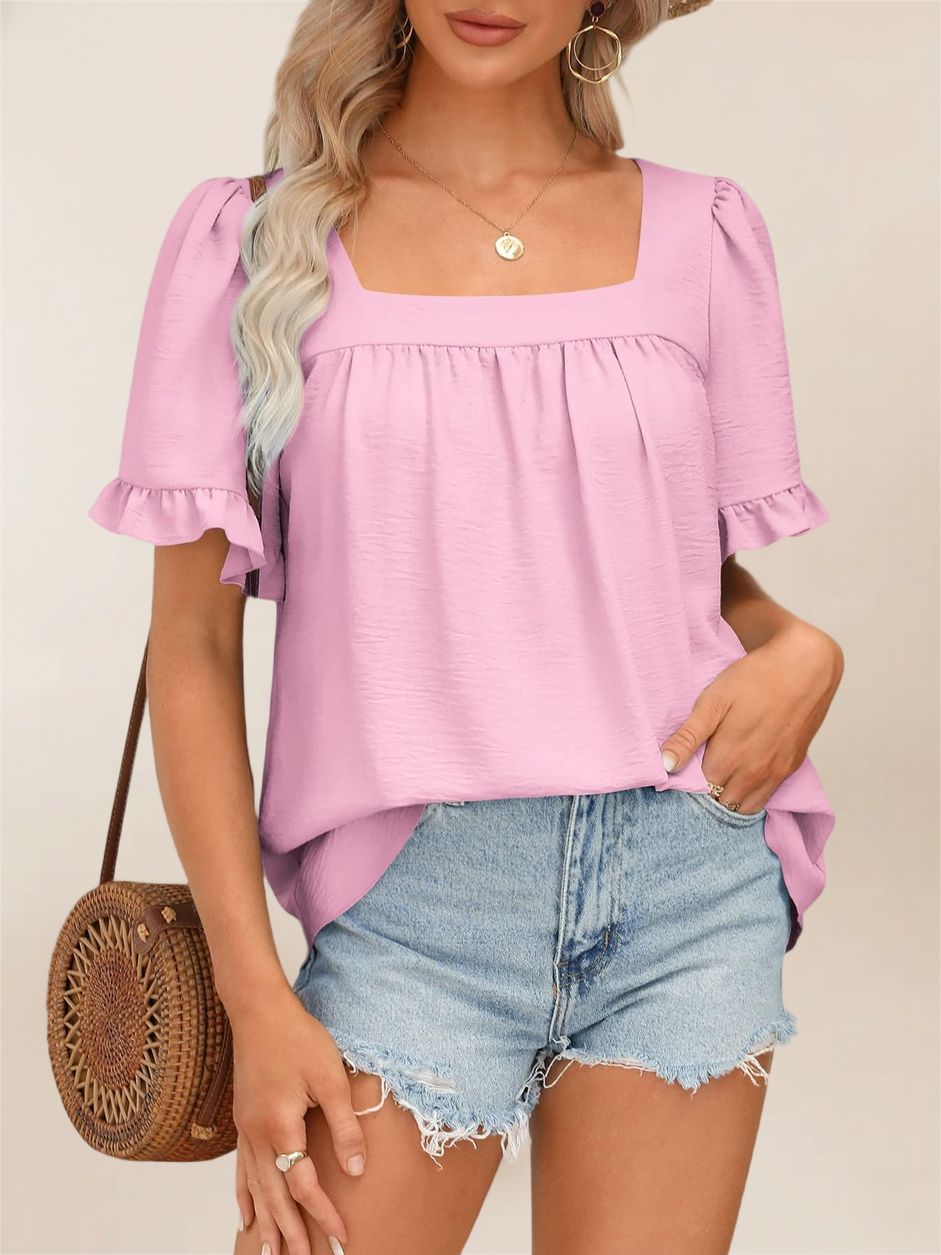 Imily Bela Womens Summer Peplum Tops Sqaure Neck Ruffle Sleeve Blouses Fit Flowy Shirts S-2Xl