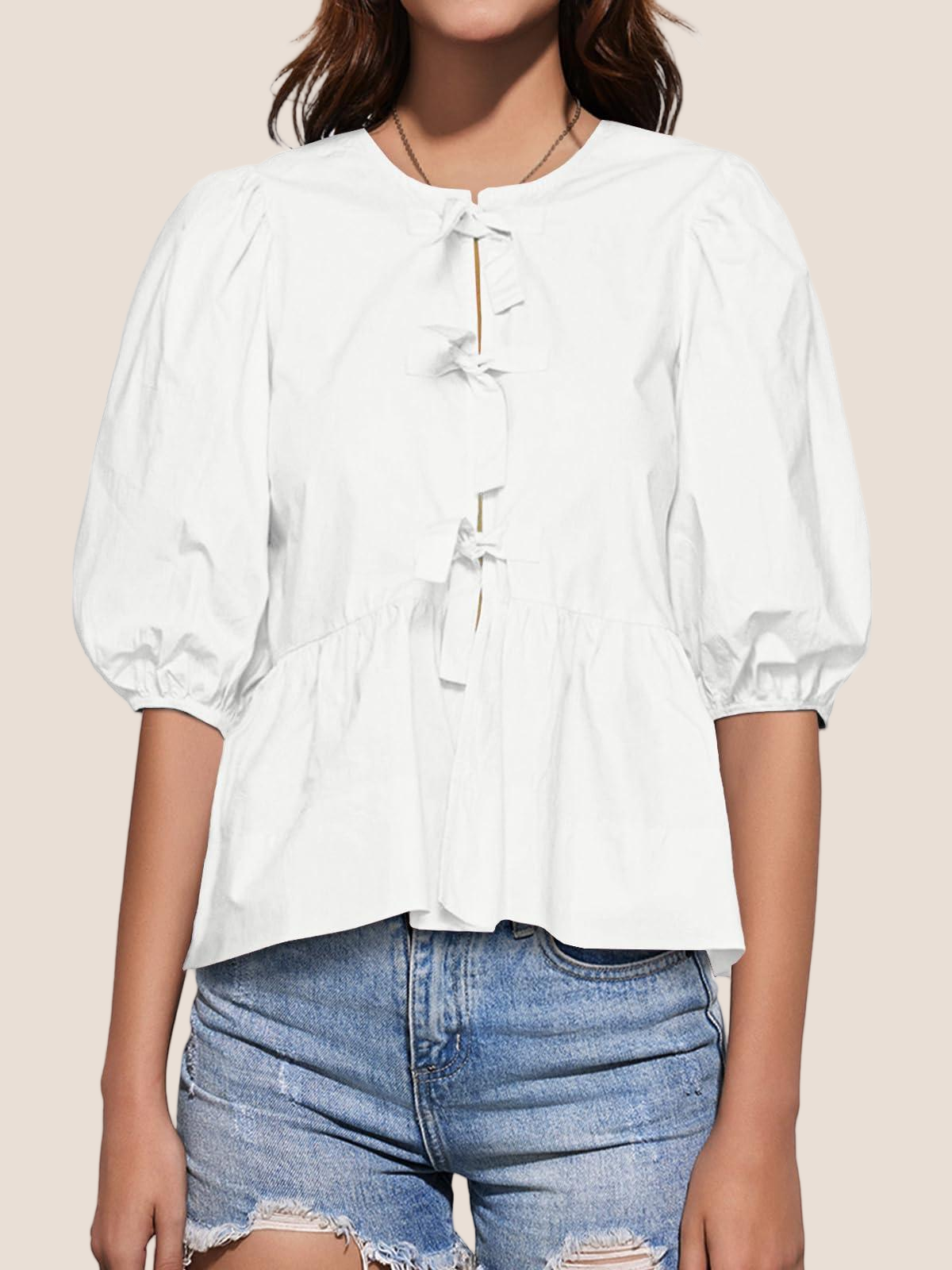 Imily Bela Womens Tie Front Tops Summer Peplum Babydoll Puff Short Sleeve Blouse Cute Cotton Shirts