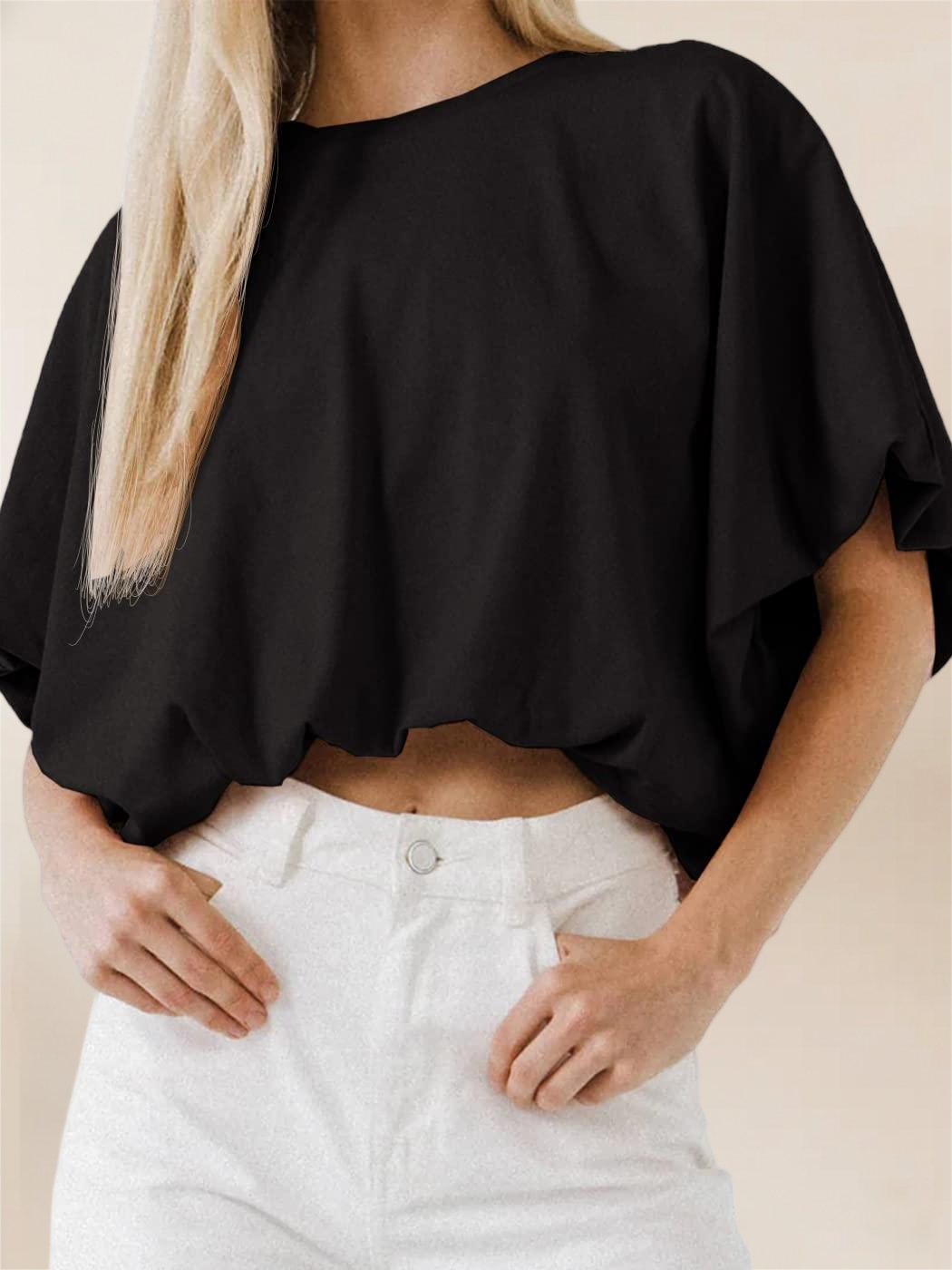 Imily Bela Womens Summer Crewneck Crop Tops Short Sleeve Casual Loose Cropped T Shirts