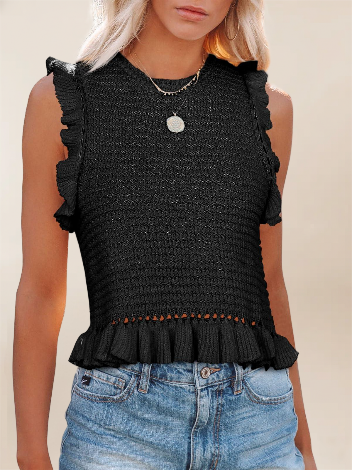 Imily Bela Women'S Summer Knit Tank Tops Crew Neck Sleeveless Cami Shirts Tees Ruffle Sweater Vest Black