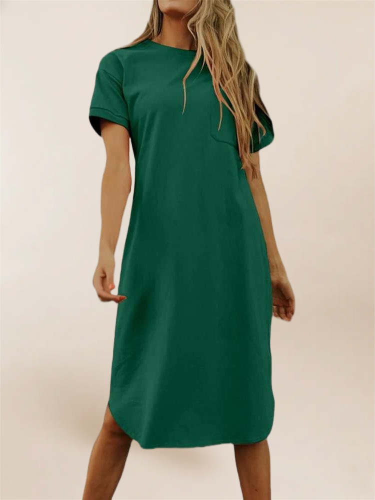 Imily Bela Summer Dress For Women Crew Neck Short Sleeve Solid Basic T-Shirts Casual Midi Dresses With Pocket