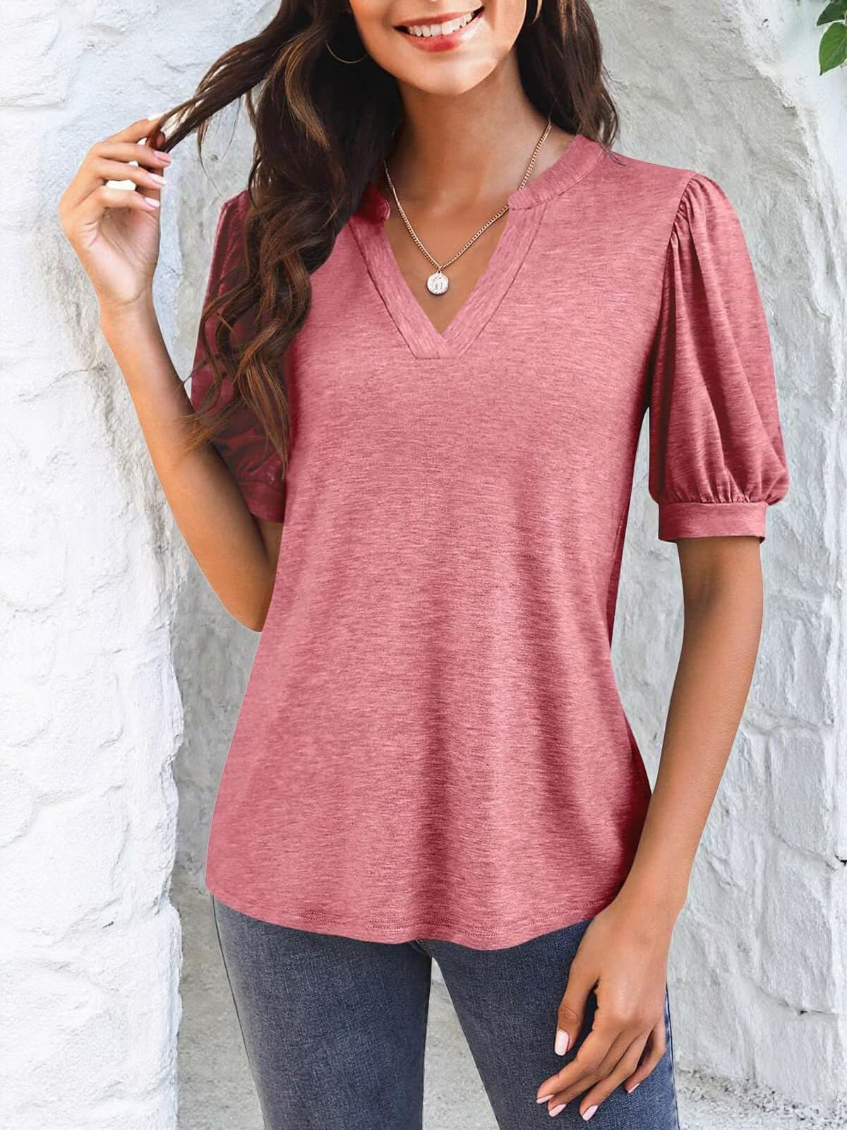 Imily Bela Womens V Neck T Shirts Casual Puff Sleeve Loose Dressy Blouses Summer Tops