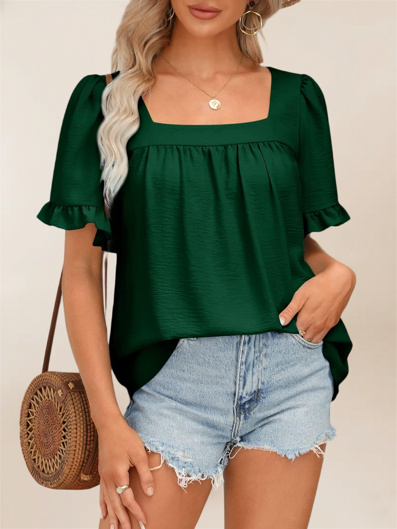 Imily Bela Womens Summer Peplum Tops Sqaure Neck Ruffle Sleeve Blouses Fit Flowy Shirts S-2Xl