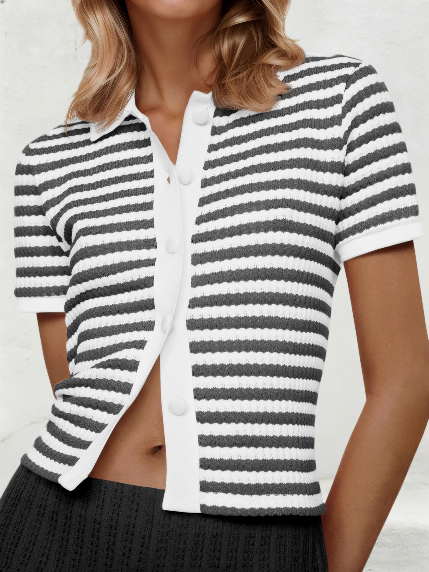 Imily Bela Womens Striped Short Sleeve Sweater Tops Polo Collared Button Crochet Summer Cropped Cardigan