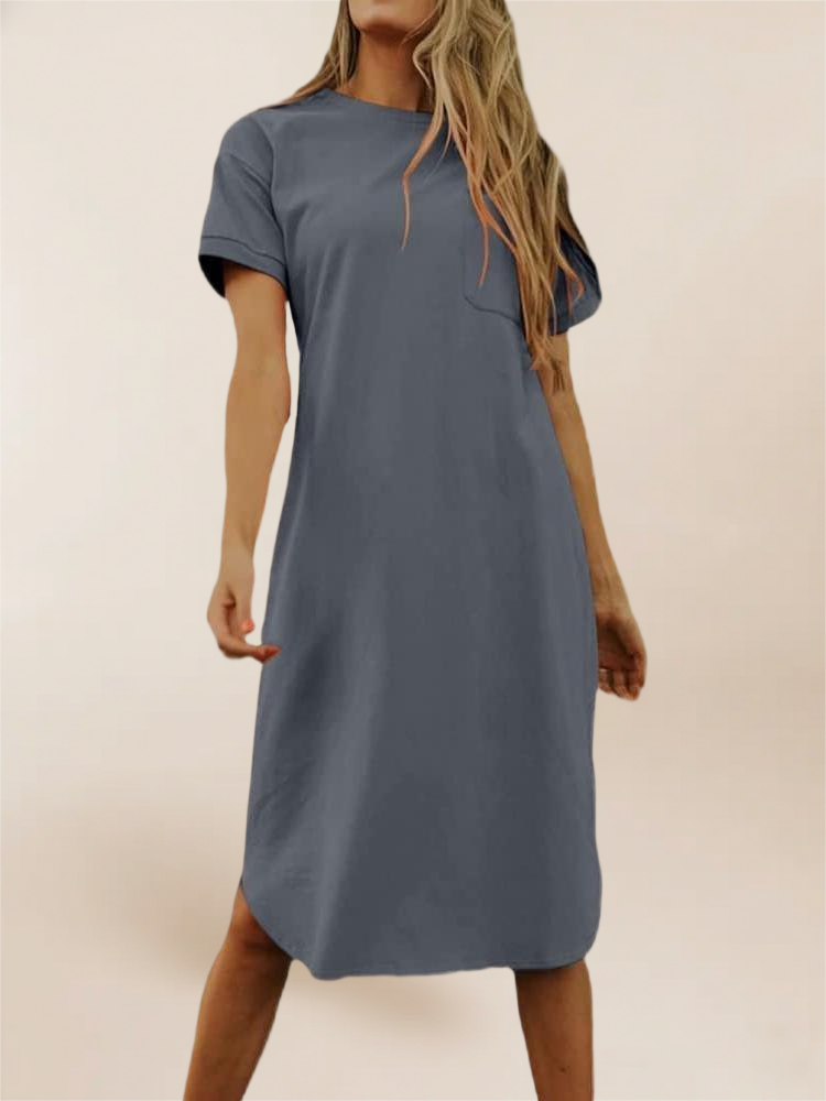 Imily Bela Summer Dress For Women Crew Neck Short Sleeve Solid Basic T-Shirts Casual Midi Dresses With Pocket