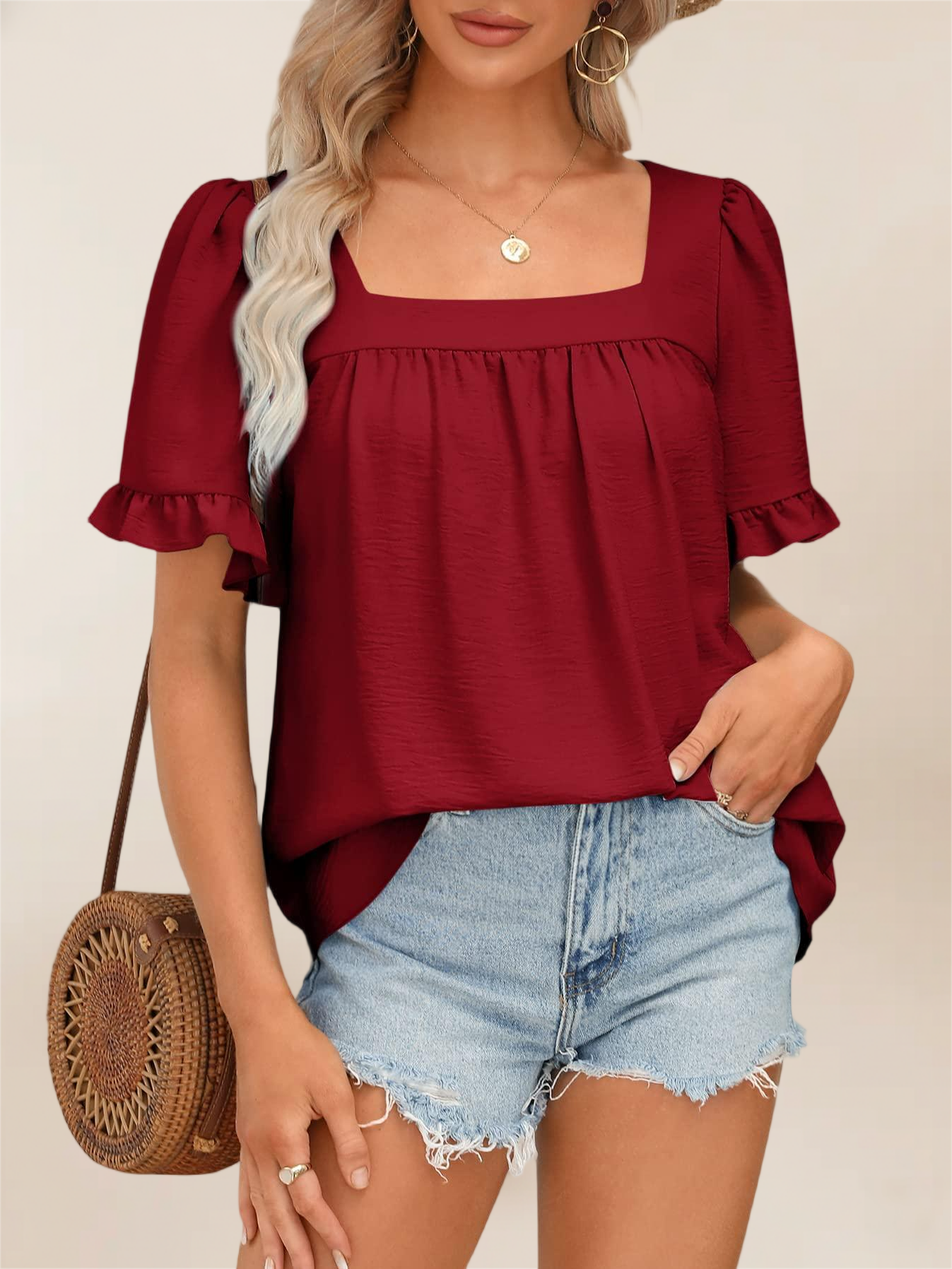 Imily Bela Womens Summer Peplum Tops Sqaure Neck Ruffle Sleeve Blouses Fit Flowy Shirts S-2Xl
