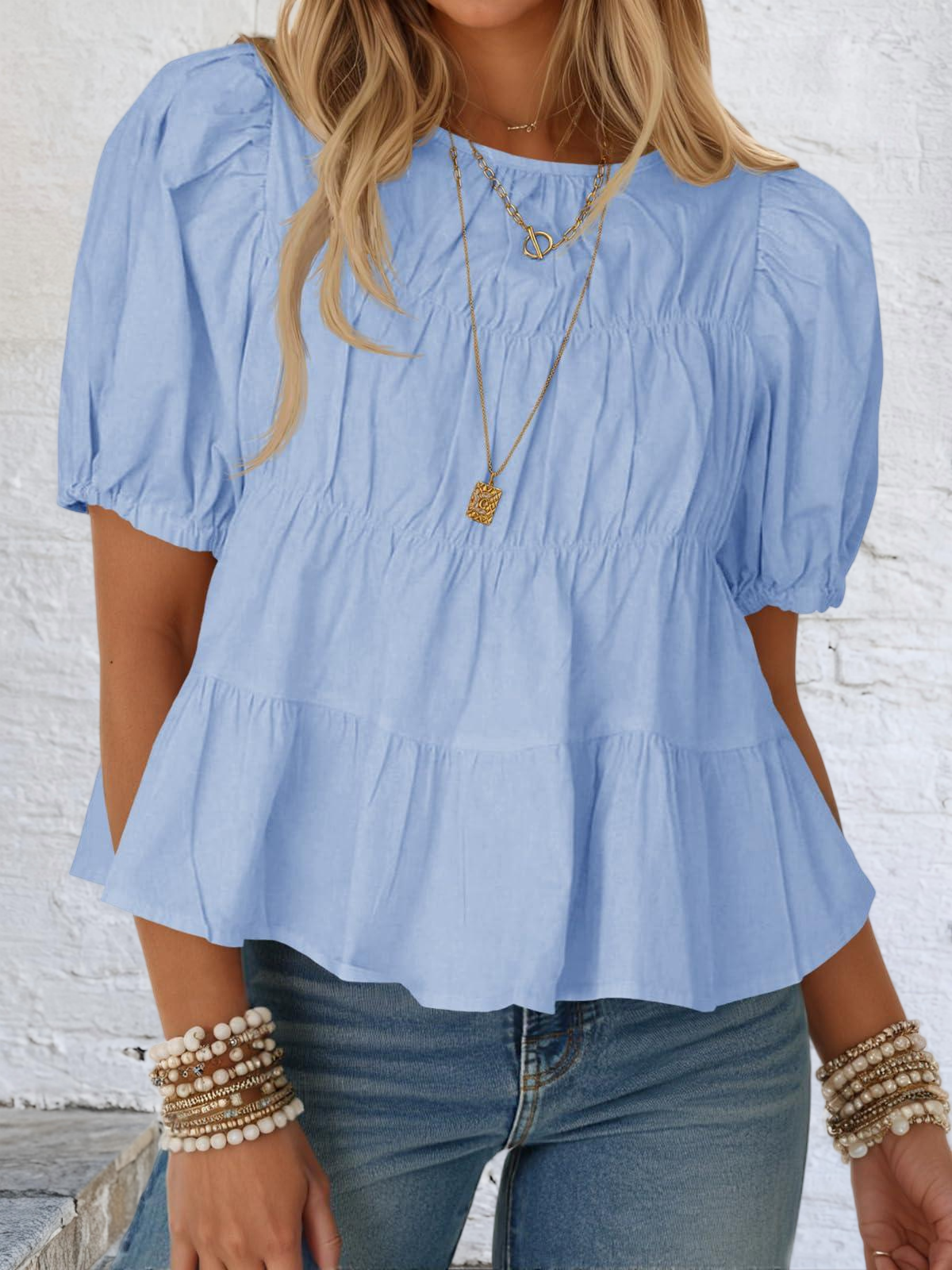 Imily Bela Womens Puff Sleeve Peplum Babydoll Tops Summer Flowy Pleated Cotton T-Shirts Casual Loose Fit Cute Blouse