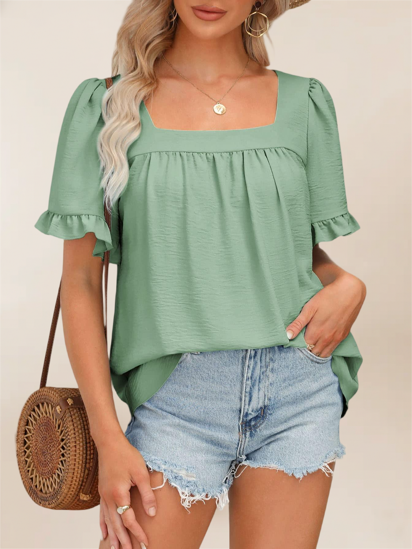 Imily Bela Womens Summer Peplum Tops Sqaure Neck Ruffle Sleeve Blouses Fit Flowy Shirts S-2Xl