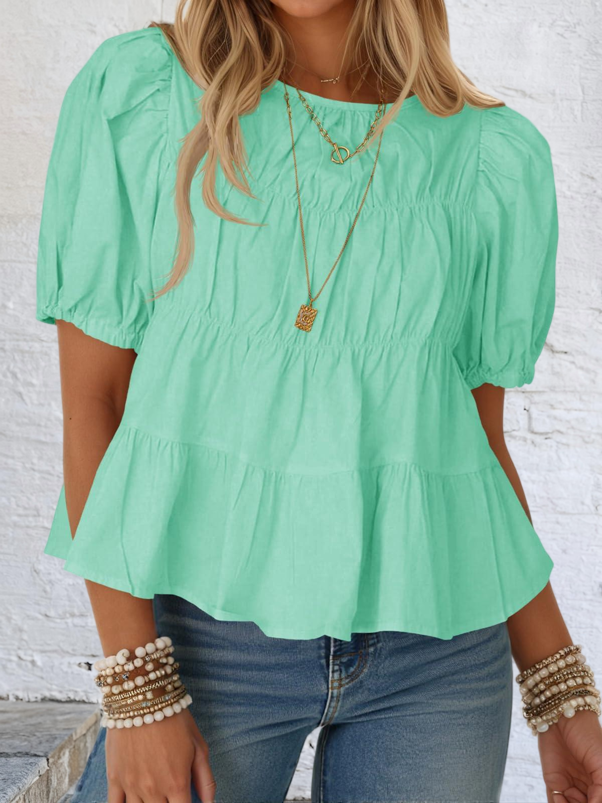 Imily Bela Womens Puff Sleeve Peplum Babydoll Tops Summer Flowy Pleated Cotton T-Shirts Casual Loose Fit Cute Blouse