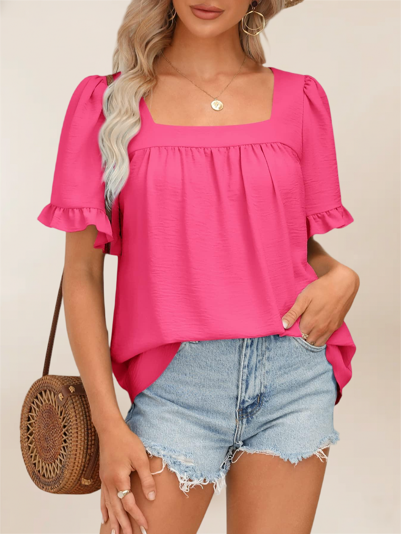 Imily Bela Womens Summer Peplum Tops Sqaure Neck Ruffle Sleeve Blouses Fit Flowy Shirts S-2Xl