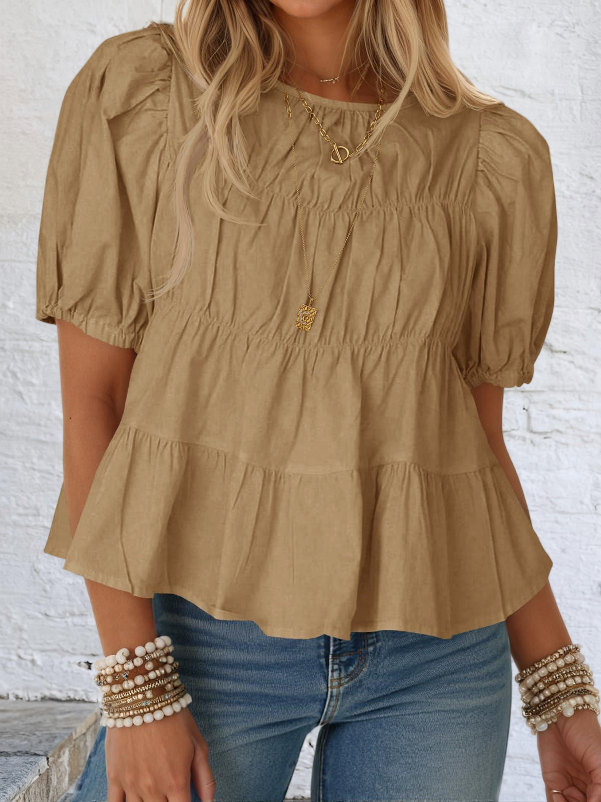 Imily Bela Womens Puff Sleeve Peplum Babydoll Tops Summer Flowy Pleated Cotton T-Shirts Casual Loose Fit Cute Blouse