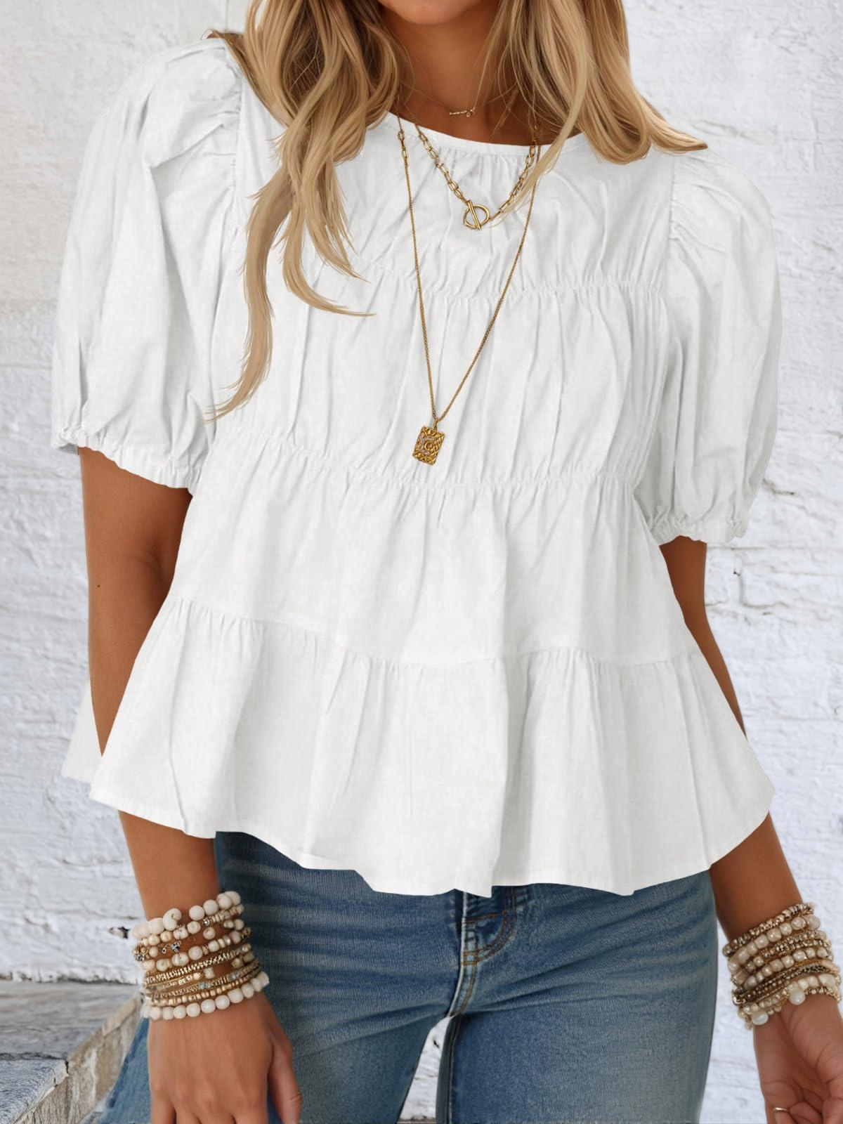 Imily Bela Womens Puff Sleeve Peplum Babydoll Tops Summer Flowy Pleated Cotton T-Shirts Casual Loose Fit Cute Blouse