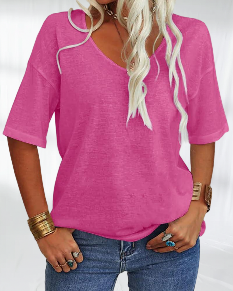 Imily Bela Women Fashion V-Neck Half Sleeves Oversized T Shirt Solid Casual Loose Basic Tops