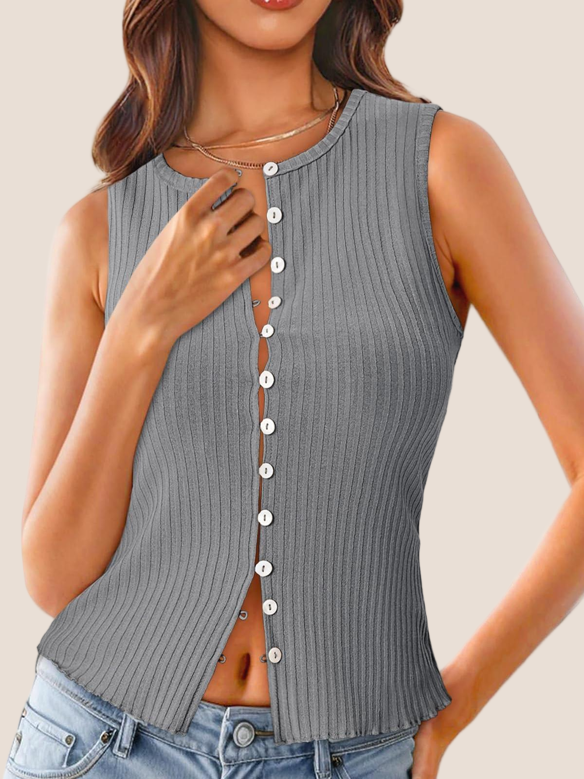 Imily Bela Womens Going Out Tops Summer Cute Ribbed Tank Crop Button Up Vest Top Y2K Sexy Outfits