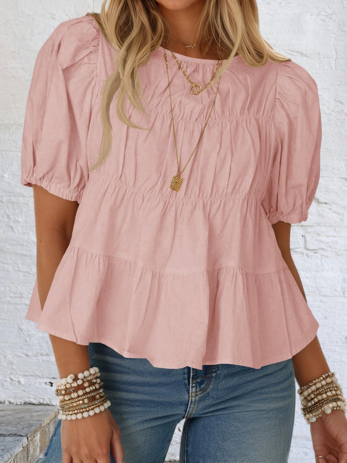 Imily Bela Womens Puff Sleeve Peplum Babydoll Tops Summer Flowy Pleated Cotton T-Shirts Casual Loose Fit Cute Blouse