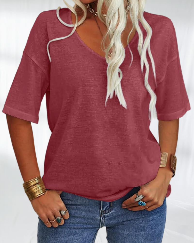 Imily Bela Women Fashion V-Neck Half Sleeves Oversized T Shirt Solid Casual Loose Basic Tops