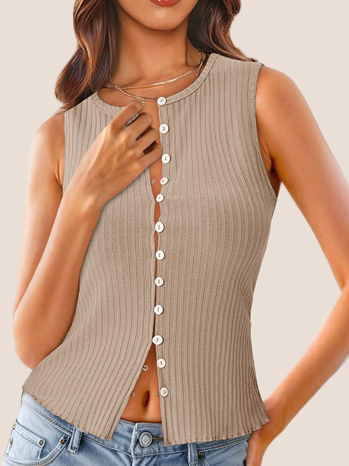 Imily Bela Womens Going Out Tops Summer Cute Ribbed Tank Crop Button Up Vest Top Y2K Sexy Outfits