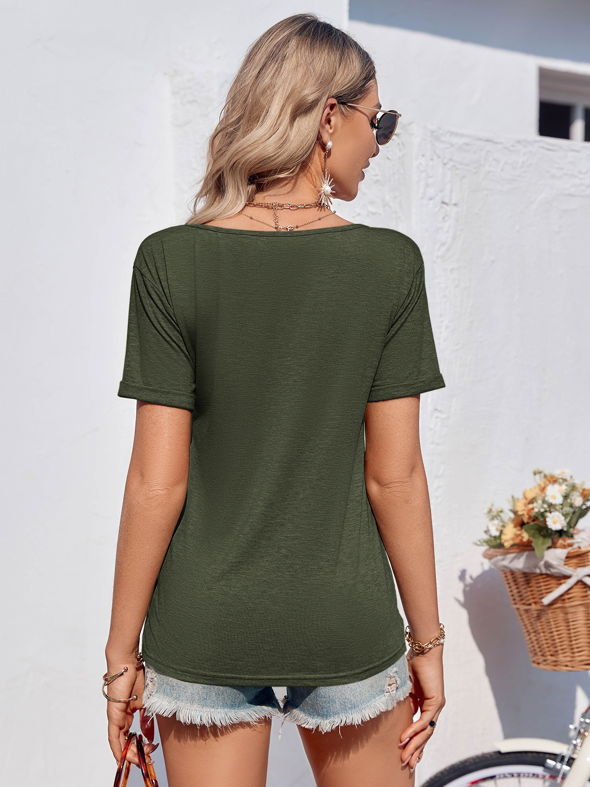 Imily Bela Women Fashion Deep V-Neck Short Sleeve Tops Solid Casual Loose Basic T Shirt