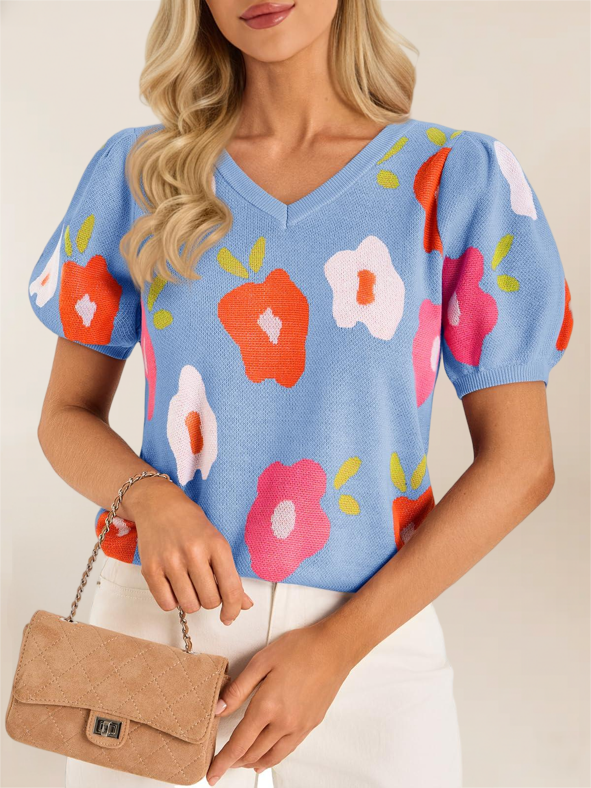 Imily Bela Womens Puff Short Sleeve Sweater Tops 2026 Spring Summer Floral Pullover V Neck Casual Knit T Shirts