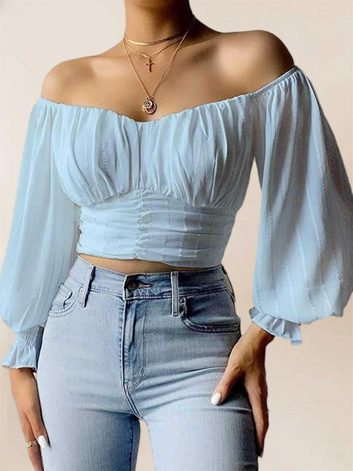 Imily Bela Womens Elegant Off The Shoulder Puff Sleeve Blouse Summer Chiffon Slim Fit Party Crop Top