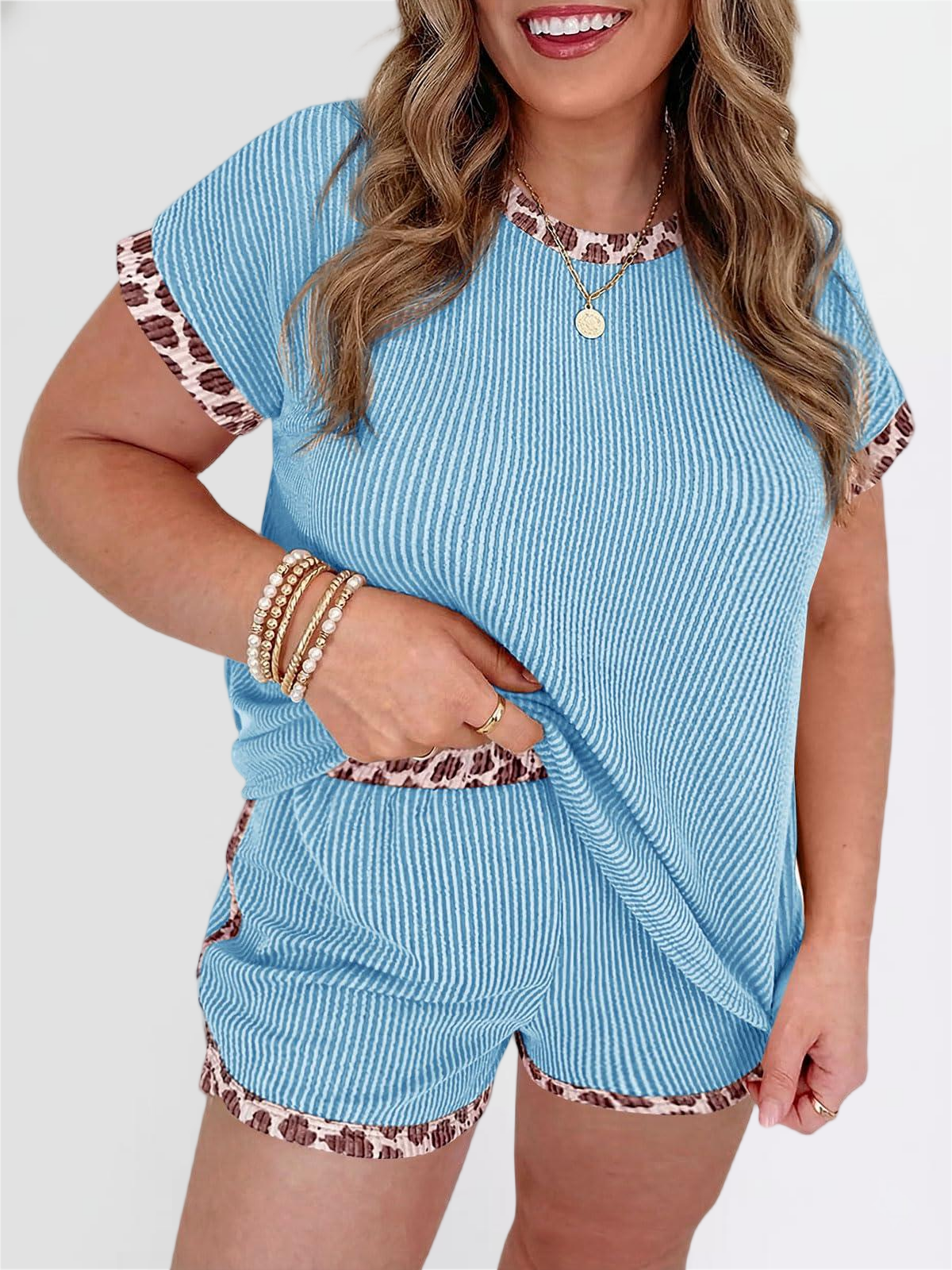 Imily Bela Womens Plus Size 2 Piece Short Sets Leopard Print Ribbed Knit Short Sleeve Top 2026 Summer Casual Lounge Set