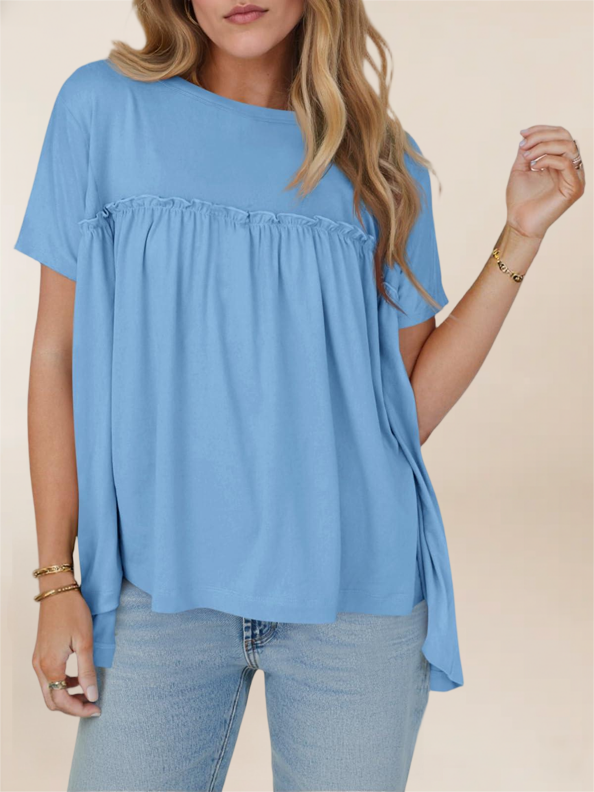 Imily Bela Women Summer Babydoll Tops Pleated Short Sleeve Crew Neck Peplum Blouse Casual Loose Fit T Shirts