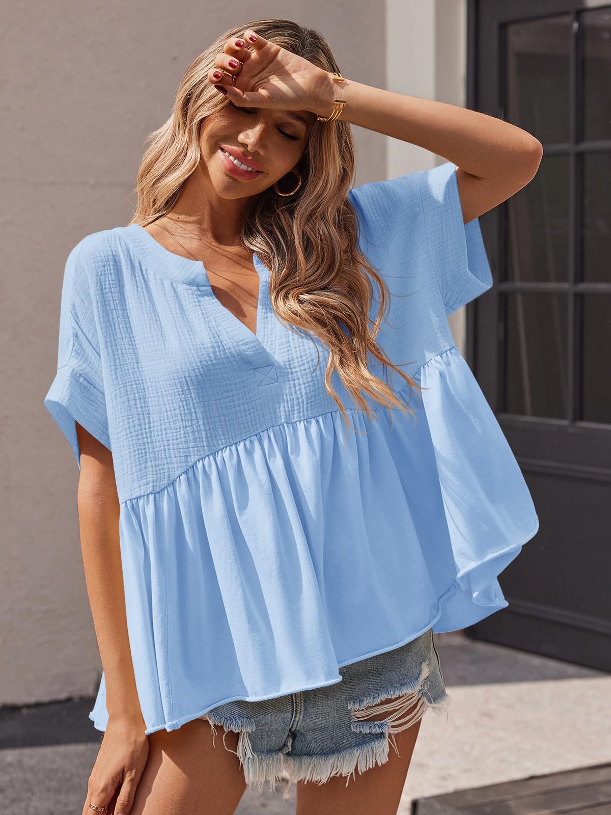 Imily Bela Womens Summer Babydoll Tops V Neck Short Sleeve Pleated Flowy Shirts Casual Loose Fit Peplum Blouse
