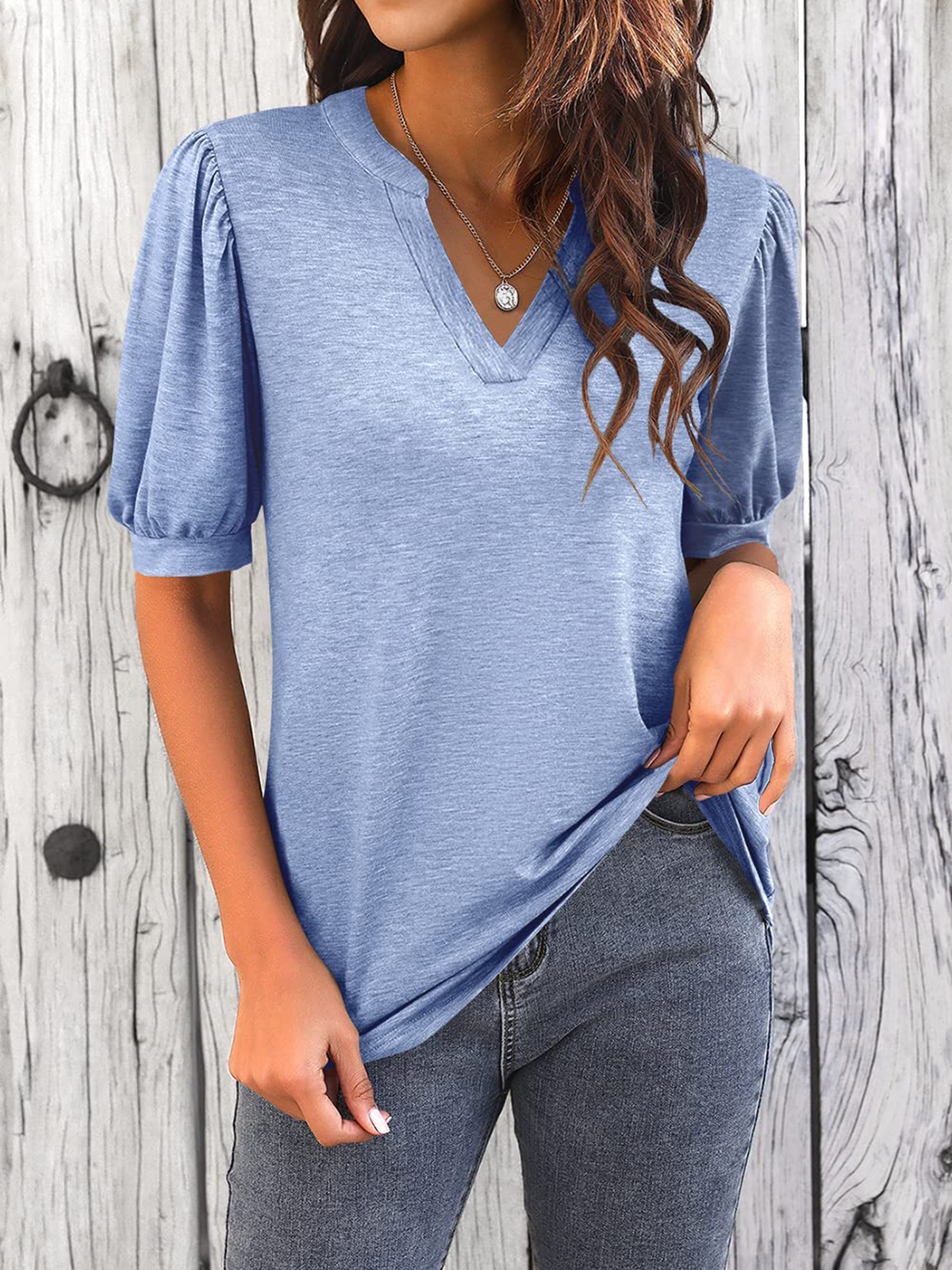 Imily Bela Womens V Neck T Shirts Casual Puff Sleeve Loose Dressy Blouses Summer Tops