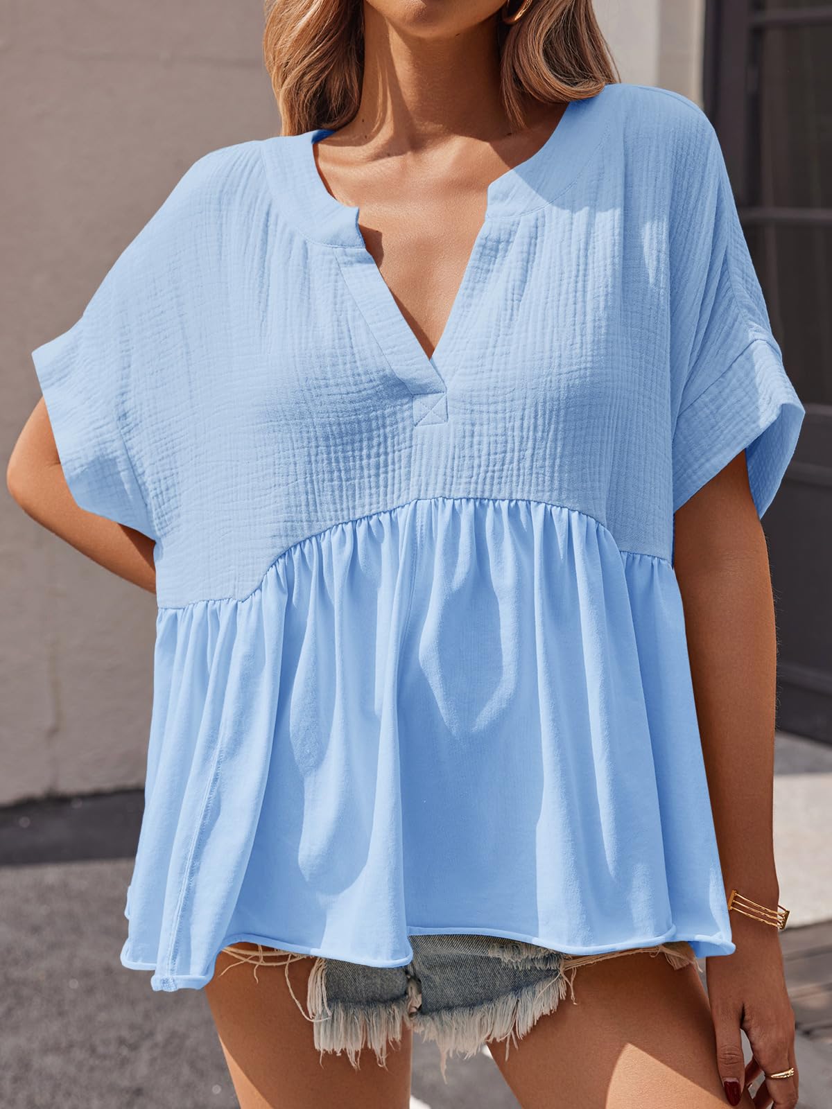 Imily Bela Womens Summer Babydoll Tops V Neck Short Sleeve Pleated Flowy Shirts Casual Loose Fit Peplum Blouse