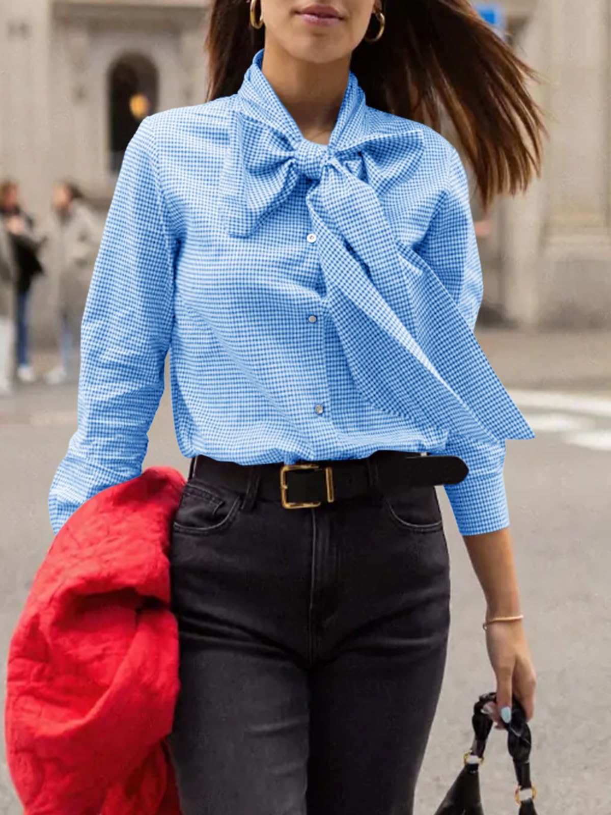 Imily Bela Womens Plaid Shirts Bow Tied Neck Button Down Long Sleeve Casual Dressy Blouse Tops