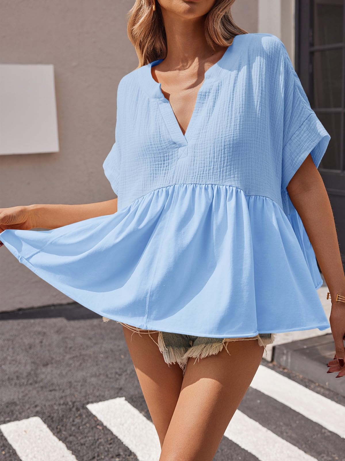 Imily Bela Womens Summer Babydoll Tops V Neck Short Sleeve Pleated Flowy Shirts Casual Loose Fit Peplum Blouse