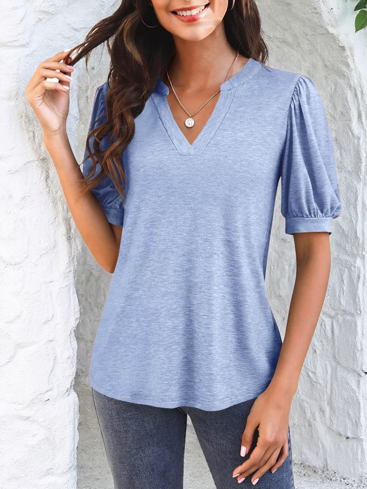 Imily Bela Womens V Neck T Shirts Casual Puff Sleeve Loose Dressy Blouses Summer Tops