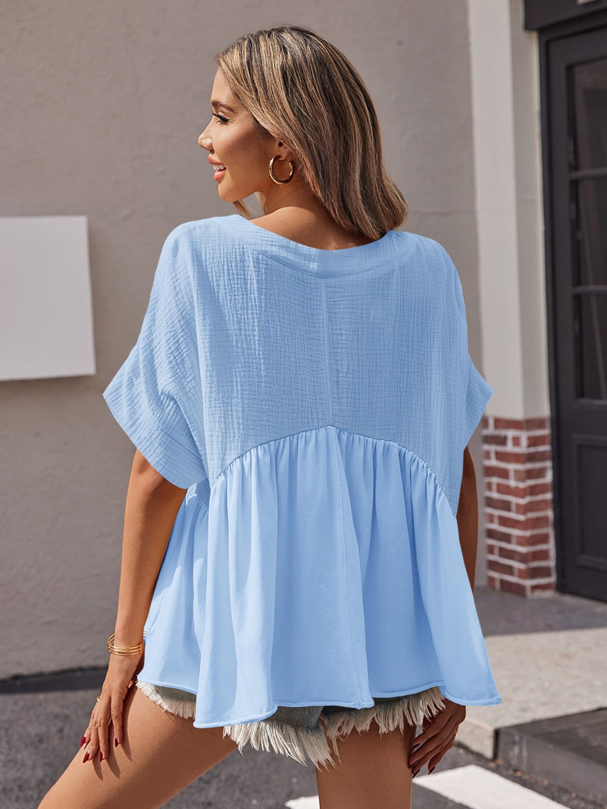 Imily Bela Womens Summer Babydoll Tops V Neck Short Sleeve Pleated Flowy Shirts Casual Loose Fit Peplum Blouse