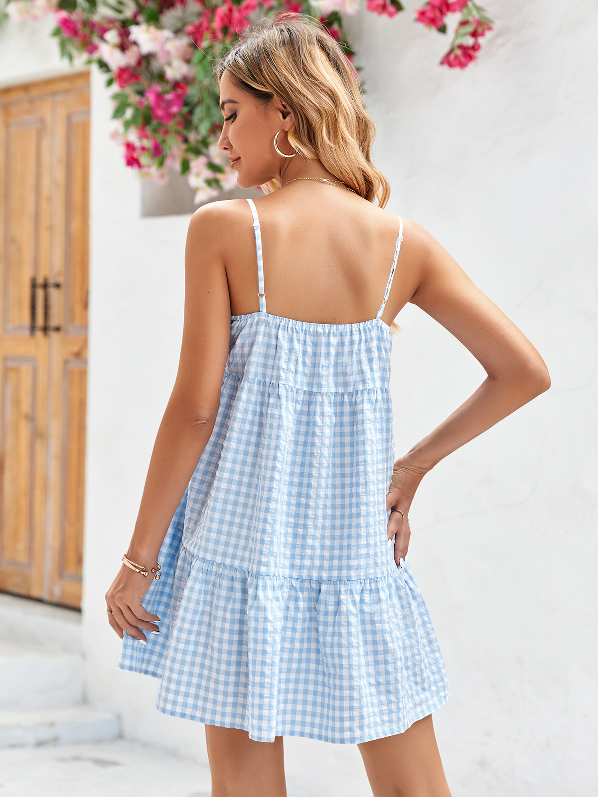 Imily Bela Womens Plaid A-line Dresses Shoulder Straps Ruffle Hem Casual Mini Dress with Side Pocket