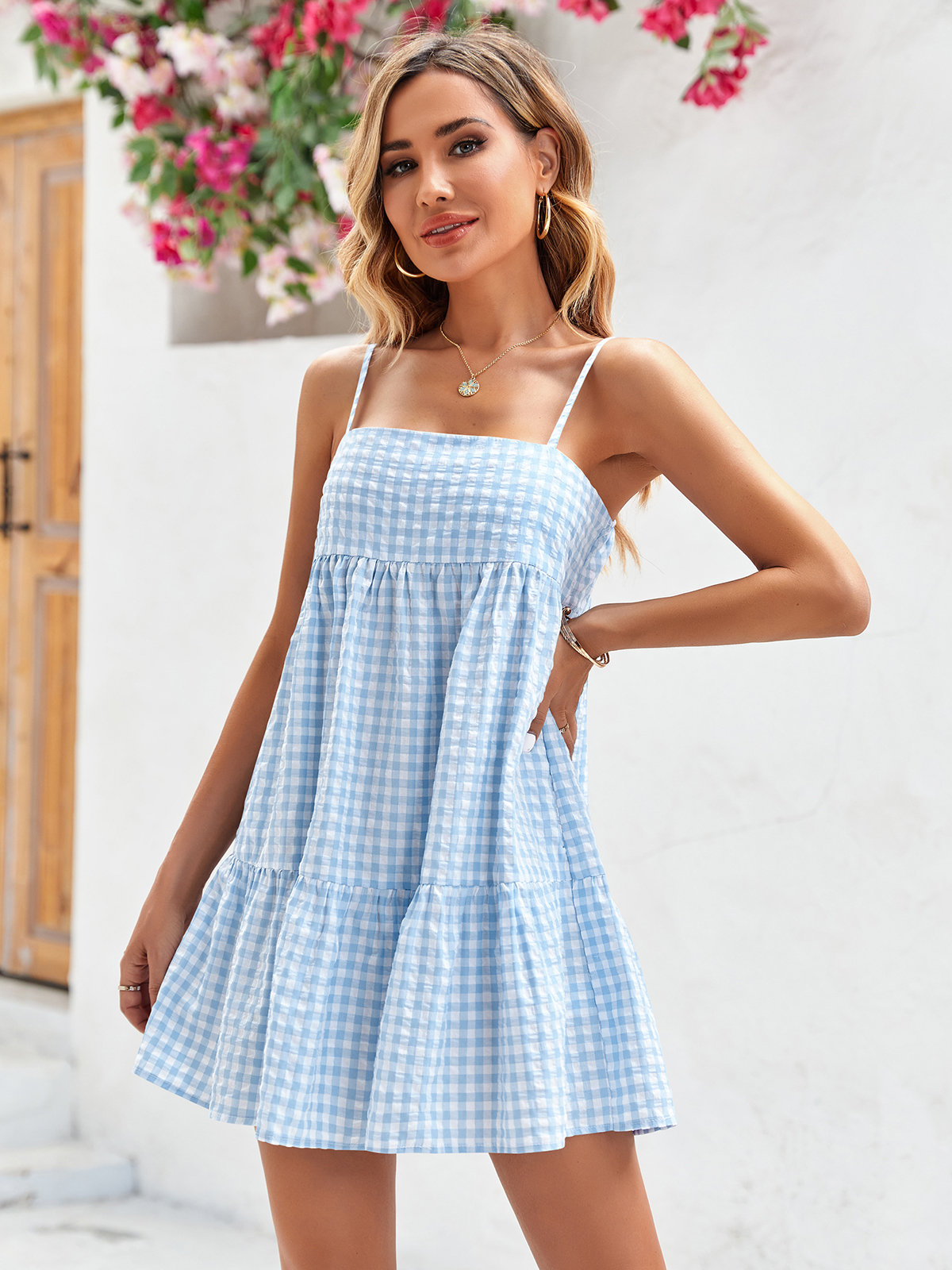 Imily Bela Womens Plaid A-line Dresses Shoulder Straps Ruffle Hem Casual Mini Dress with Side Pocket