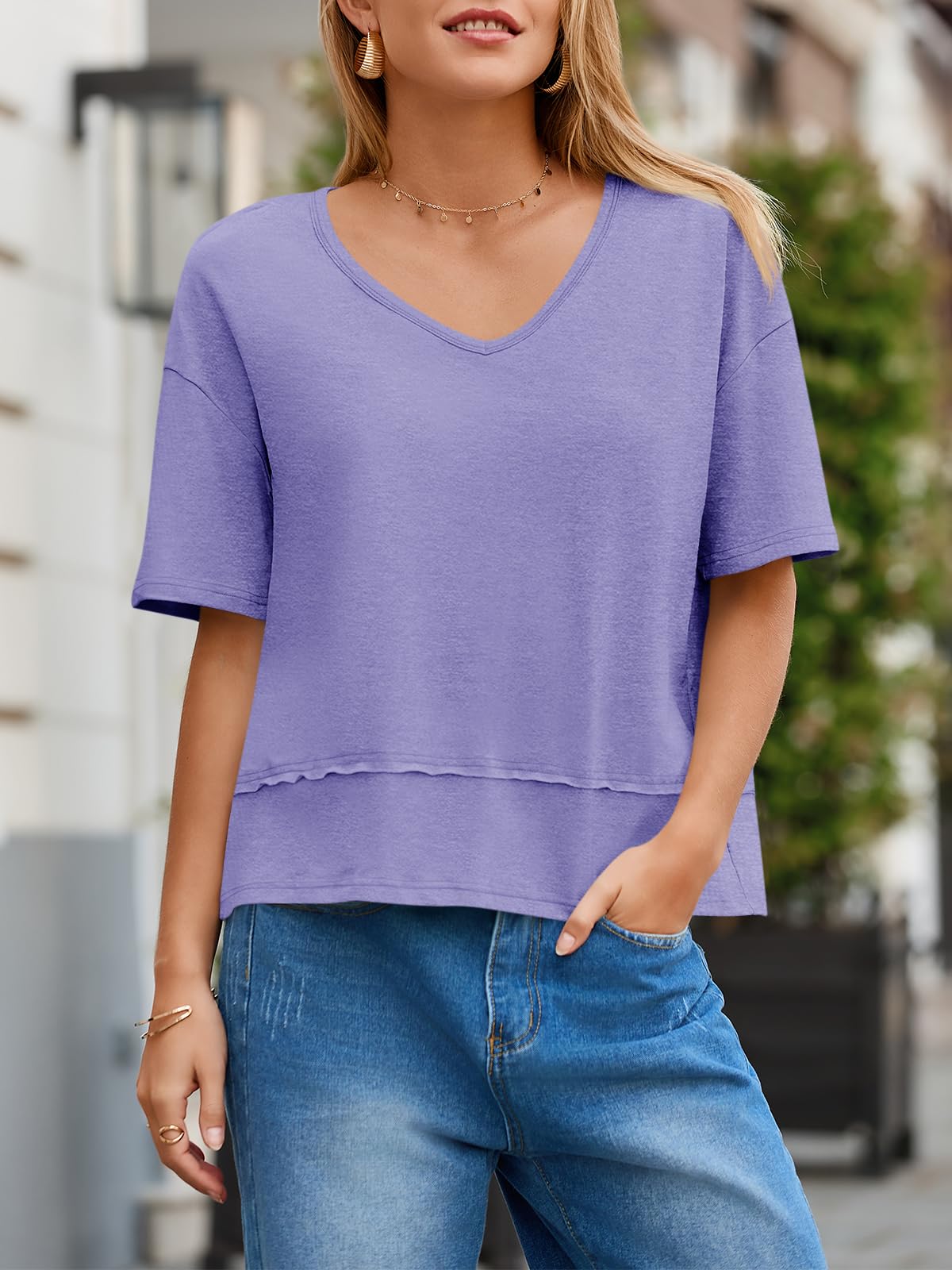 Imily Bela Womens Summer V Neck T Shirts Casual Short Sleeve Flowy Tops Cute Loose Fit Basic Tees